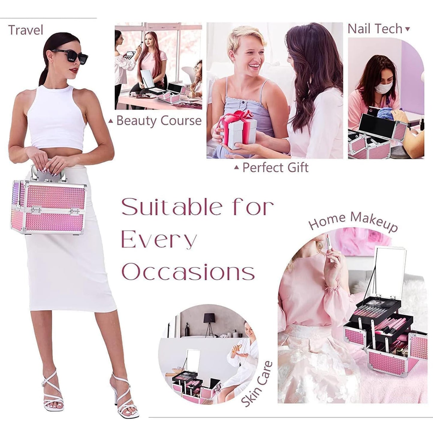 Joligrace Makeup Box Vanity Case Cosmetic Organiser Box Beauty Storage Train Case with Mirror, Lockable with Keys, Holographic Pink