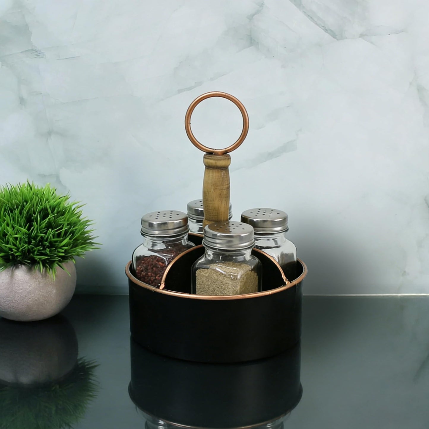 ZNCO Metal Round Salt, Pepper and Toothpick Caddy with Wooden Handle, Glass Shakers Set, Rustic Vintage Style, Black