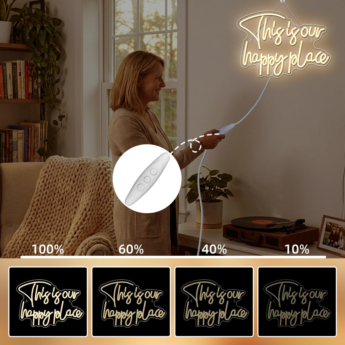 NOSUN This is Our Happy Place Neon Sign,Neon Signs for Wall Decor Happy Place Warm White LED Light Room Decor for Bedroom Classroom Man Cave Home Bar Birthday Party Decor Neon Classroom Sign Dimmable USB Power
