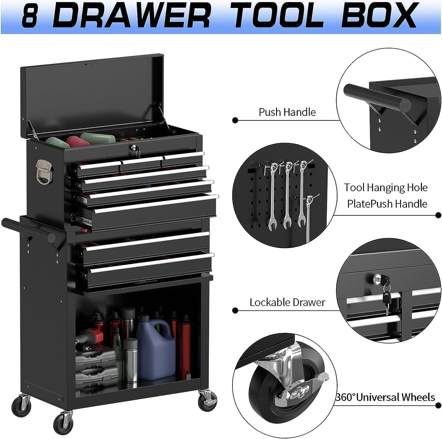 8 Drawer Rolling Tool Chest, High Capacity Tool Box with Lockable Wheels and Drawers, 2 in 1 Portable Toolbox Organizer Storage Cabinet For Garage, Warehouse, Repair Shop