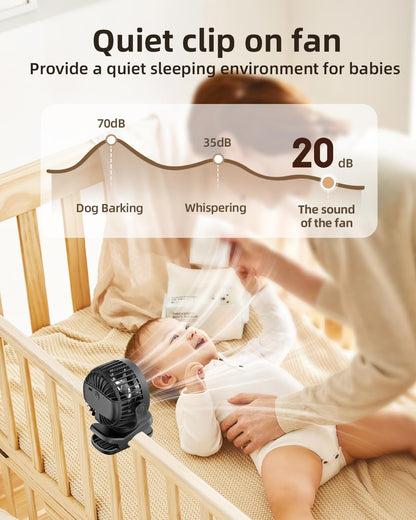 TUNISE Mini Clip on Fan, Battery Operated Desk Fan, Digital display，3 Speeds Adjustable, Bidirectional 360 ° Adjustable, Super Strong Wind, Portable Fan for Home Office Stroller Camping Black