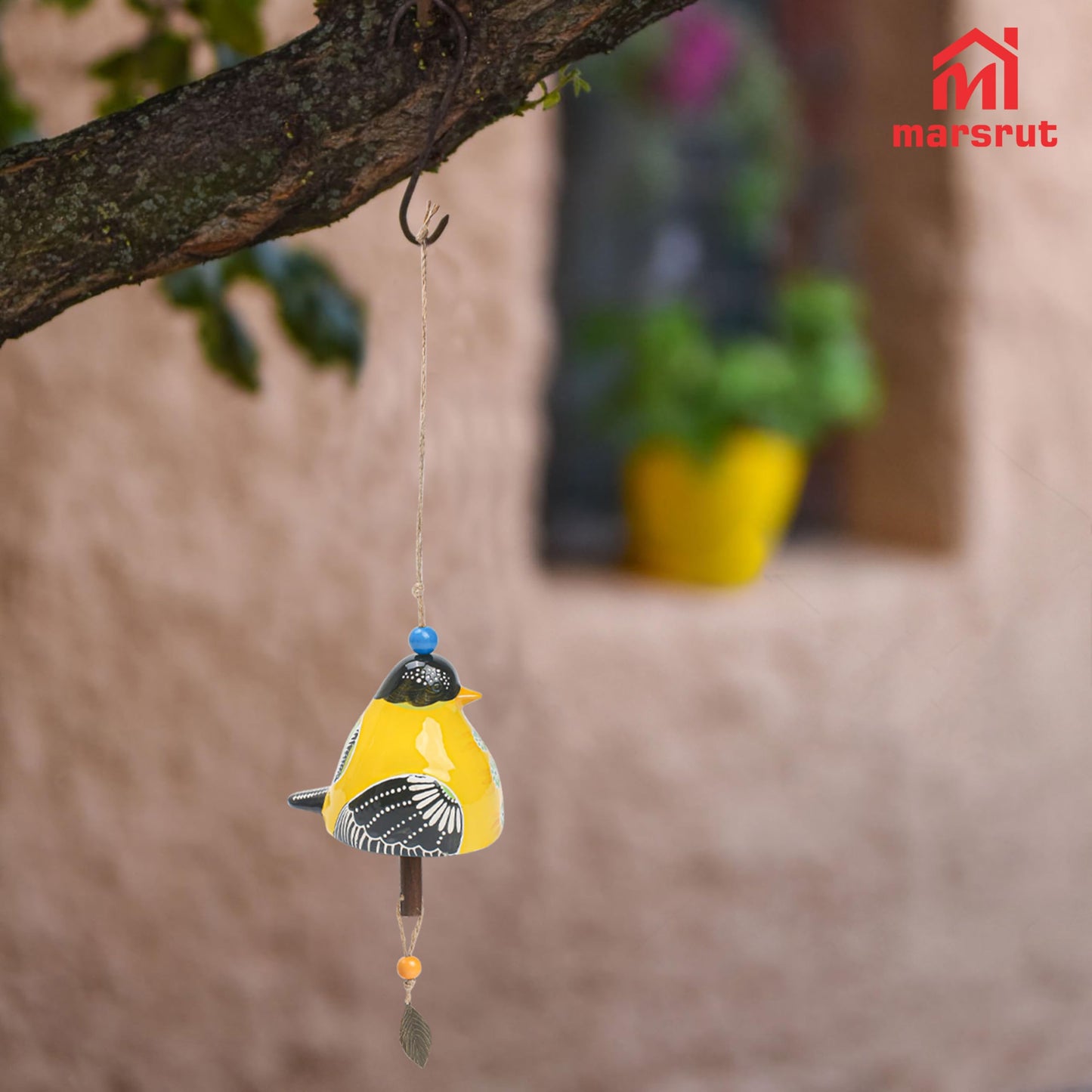 Bird Song Bell Wind Chime, Ceramic Cardinal Fashion Hanging Windchimes for Rustic Music Garden Backyard Church Decoration Porch Outside Outdoor Festival Memorial Gift Witness Friendship (Yellow)