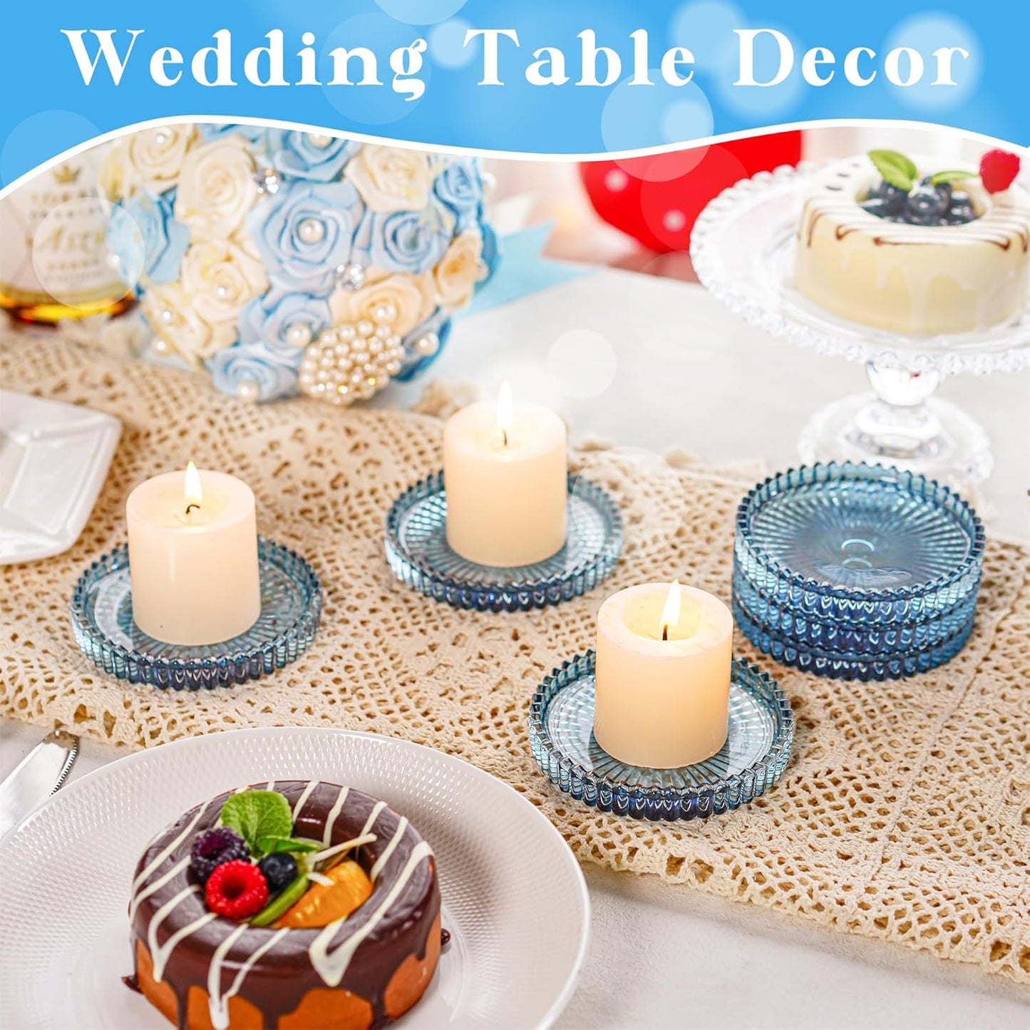 Kanpura Set of 6 Blue Glass Candle Plates, Pillar Candle Holder Plates,Glass Coaster Holder,Small Round Trays for Christmas Party Wedding Centerpiece
