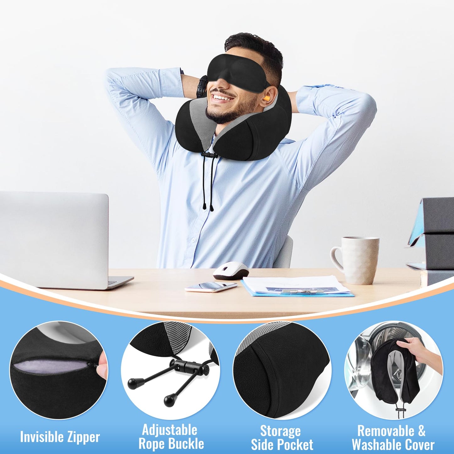 CloudBliss Travel Pillow Premium Memory Foam, Comfortable & Supportive Neck Pillow, Sleeping Neck Pillows for Travel, Airplane Pillow for Sleeping Airplane, Car, Office and Home（Black）
