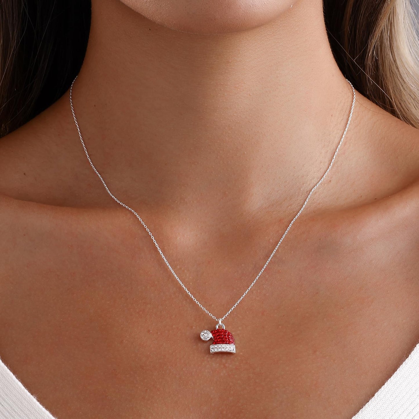 MYANAIL Christmas Earrings for Women Jewelry Gift Rhinestone Stud Earrings for Women Red Crystal Santa Hat Dangle Earrings Necklace Set Santa Hat Drop Earring (Christmas Hats Necklace)