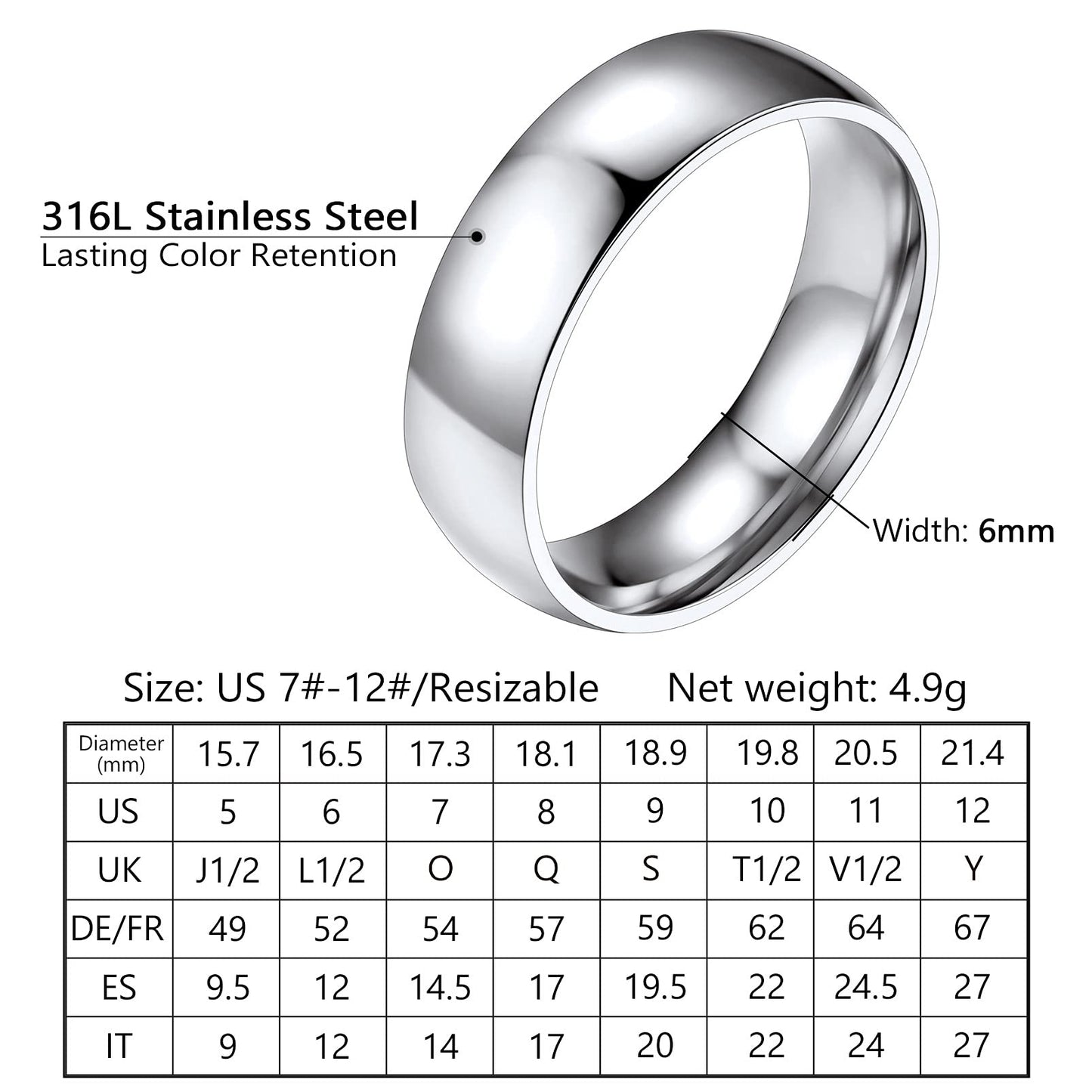 PROSTEEL Wedding Bands Mens Ring 6mm Stainless Simple Knuckle Rings