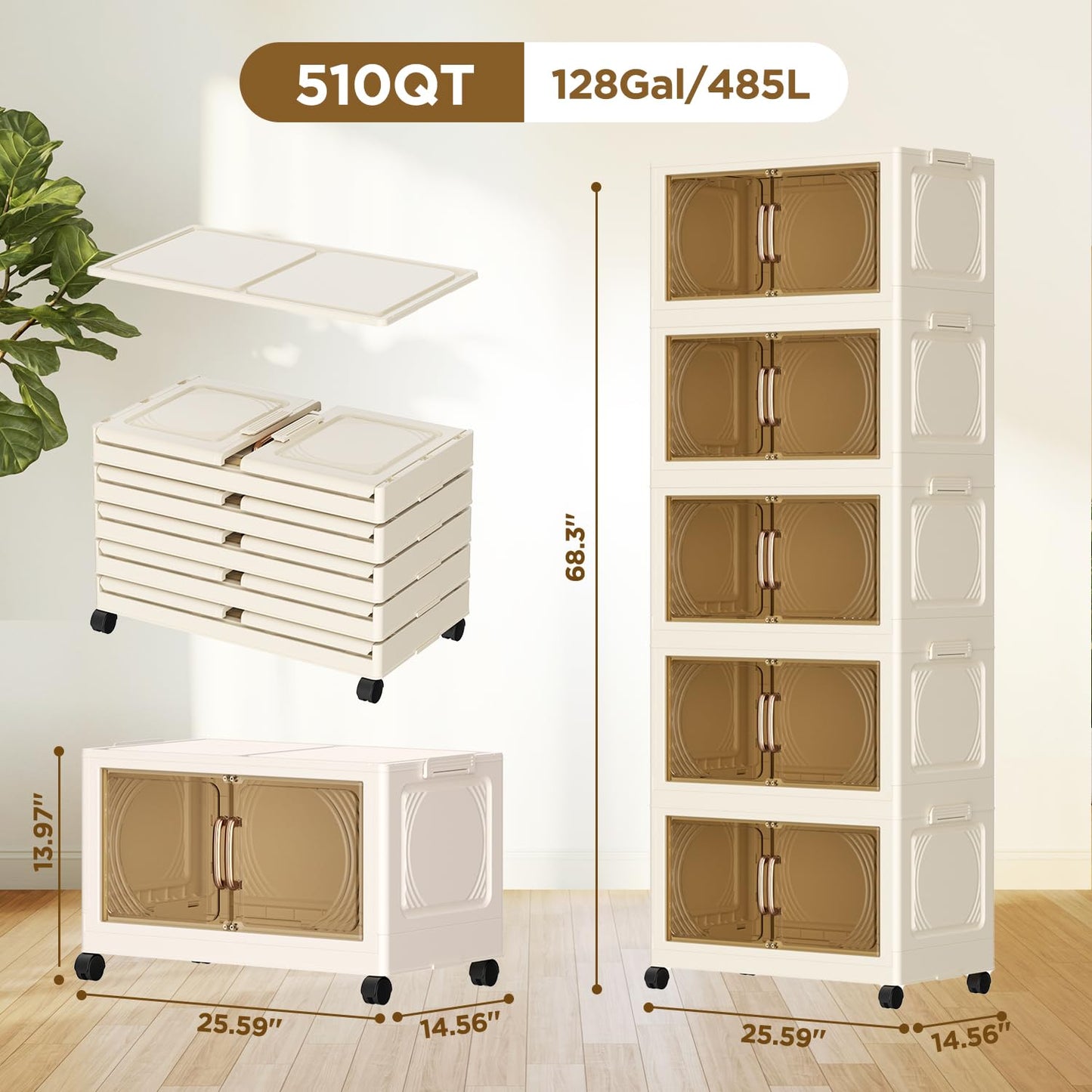 YUEXINKJ 102QT Plastic 5 Tier Storage Bins with Lids,Folding Storage Box with Doors and Wheels Stackable Storage Bins,Closet Organizers and Storage for Living Room,Office,Dorm
