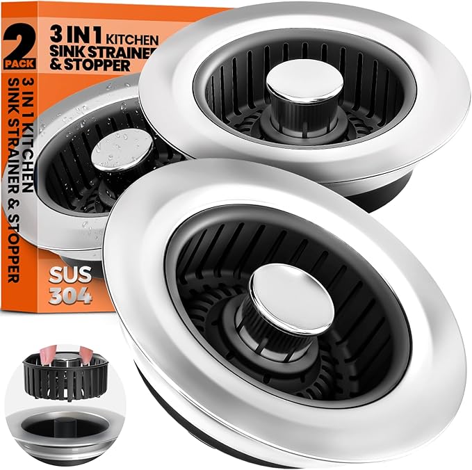Kitchen Sink Drain Strainer & Sink Stopper, Upgraded Stainless Steel Drain Plug