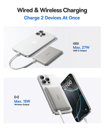 Baseus Picogo Magsafe Portable Charger, Qi2 Certified 0.5" Ultra Slim 15W Wireless Power Bank, 10000mAh 27W Fast Charging Magnetic Battery Pack with USB-C for iPhone 17/16/15/14/13/12 Series Only