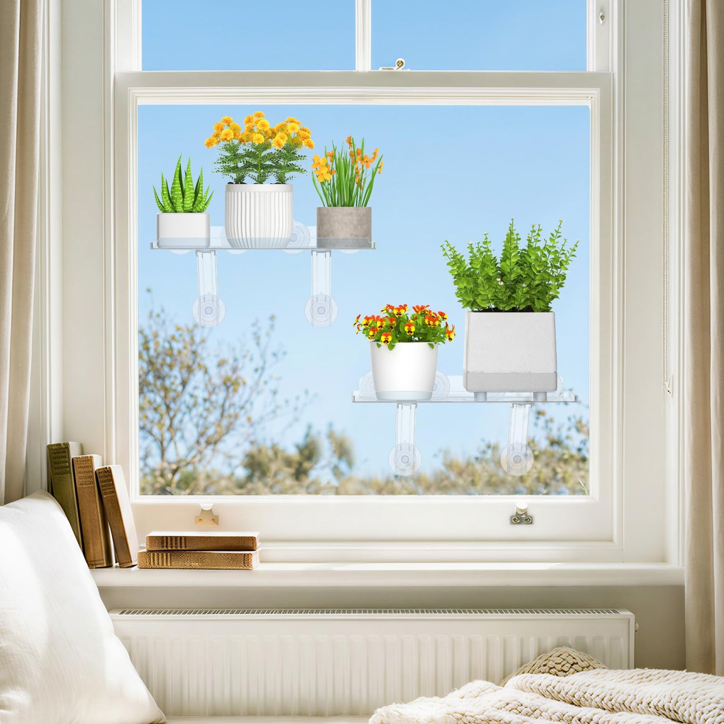 Lifewit 6" Extra Wide & Strong Window Plant Floating Shelves 2 Pack, Heavy Duty Acrylic Suction Cup Shelf, Sill Extender for Succulent Plants, Seed Starter Pots, Herb Planters 38 x 15 cm/15.2x6