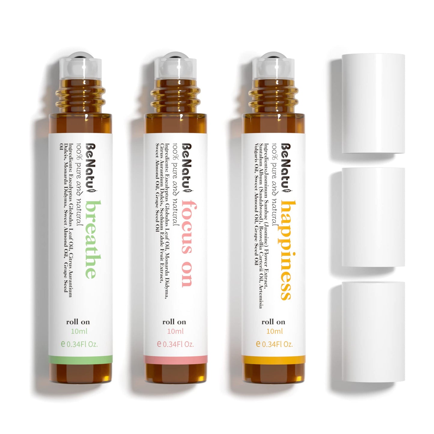 Benatu Essential Oil Blends Set (Breathe, Focus on, Happiness), Natural Aromatherapy Roll On for Massage, Body Skin Care, Home - Natural Fragrance Gift Roller for Women and Men