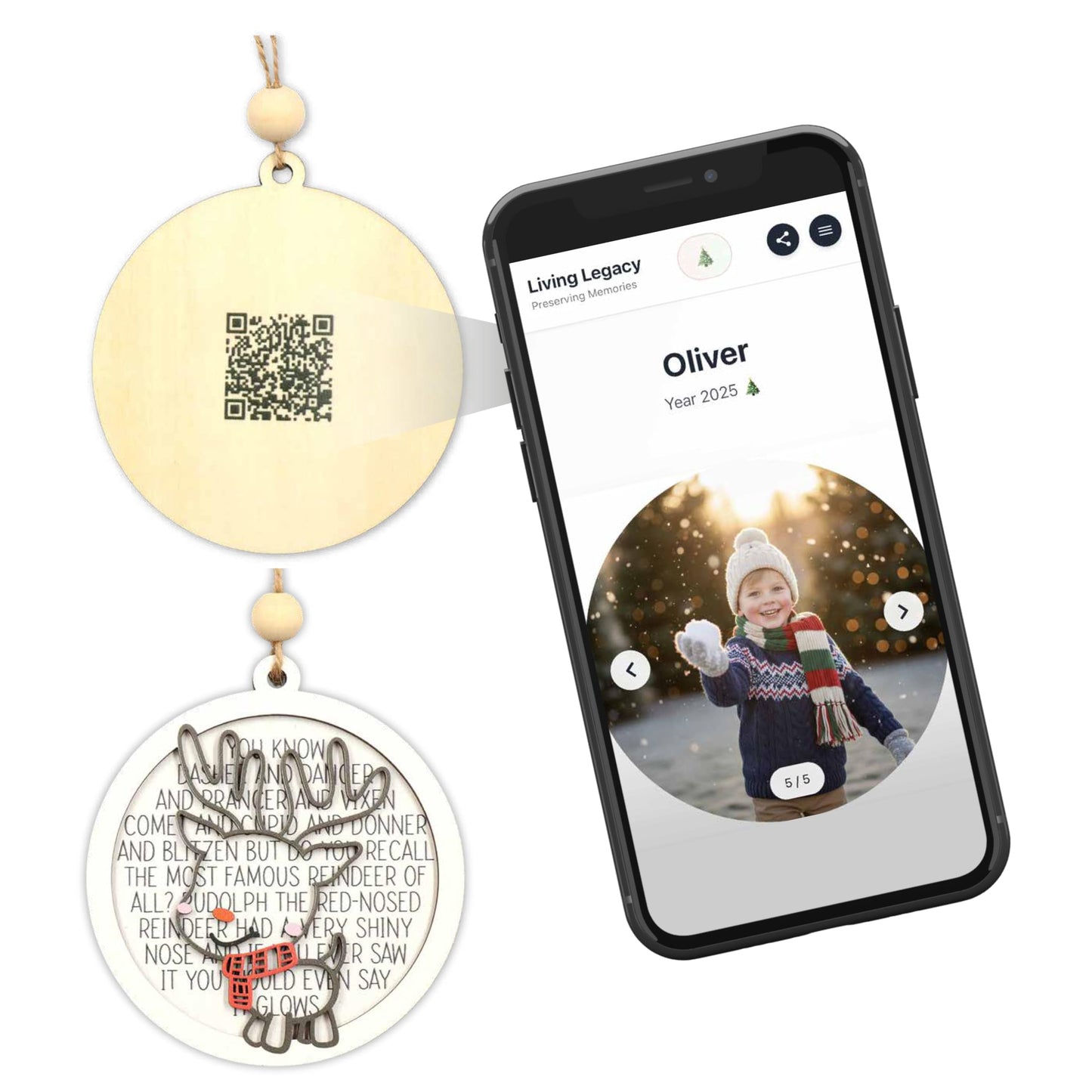 Living Legacy Reindeer QR Code – Wooden Ornament with QR Code, Custom Memory Ornament – Personalized Wooden, Hanging Christmas Ornament – Christmas Tree Decoration & Gift
