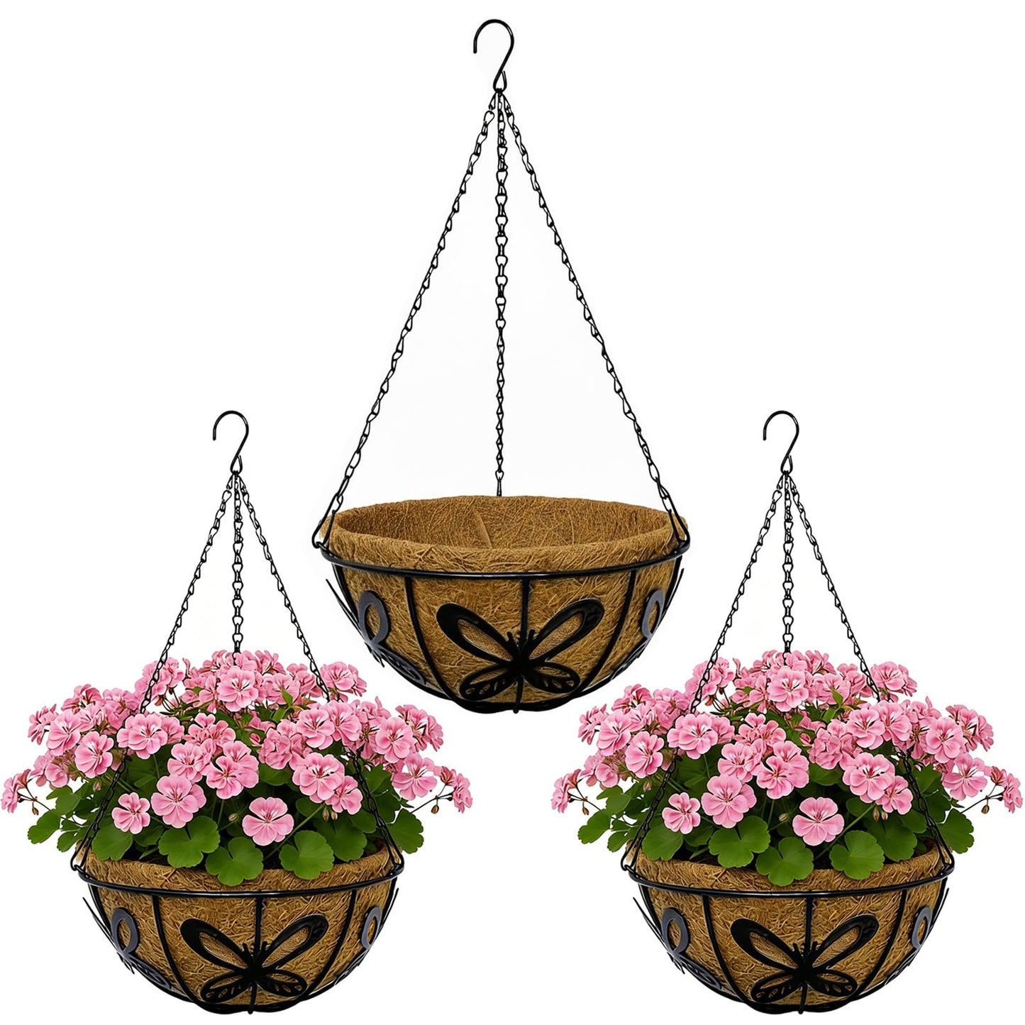 CRAYZA 14 Inch Hanging Baskets for Plants Outdoor, 3 Pack Metal Wire Hanging Planters with Coco Coir Liners, Rust-Resistant Flower Basket with Chains & Hooks for Garden Patio Porch Deck Balcony
