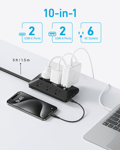 Anker 300J Flat Plug 10-in-1 Ultra Thin Power Strip with 6 AC, 2 USB-A & 2 USB-C Ports, Extension Cord, Desk Charging Station for Home, Office, College, Dorm, 5 Feet, Black