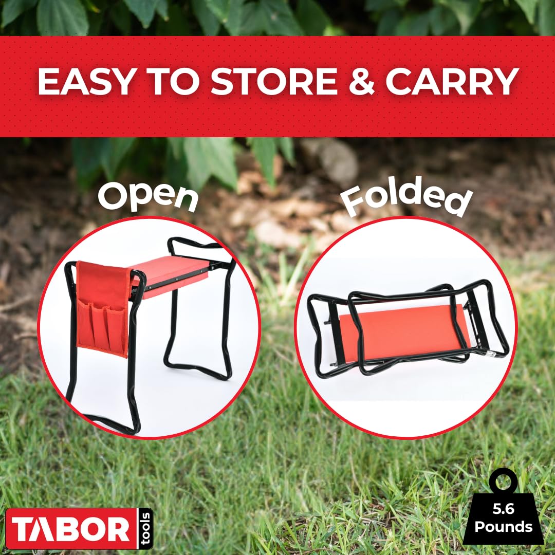 TABOR TOOLS TR2A Garden Kneeler and Seat Bench with Tool Bag Pouch and Foam Pad Cushion, Workseat with Kneeling Bench Option, Light Weight Foldable Stool, Portable Outdoor Kneeler for Gardening.
