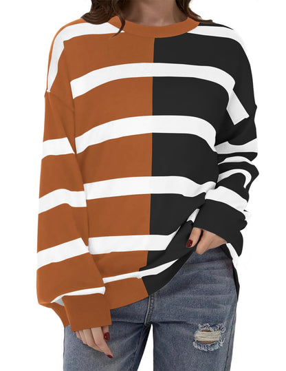 Zeagoo Womens Striped Oversized Sweater 2025 Crew Neck Long Sleeve Knitted Color Block Casual Loose Pullover Top