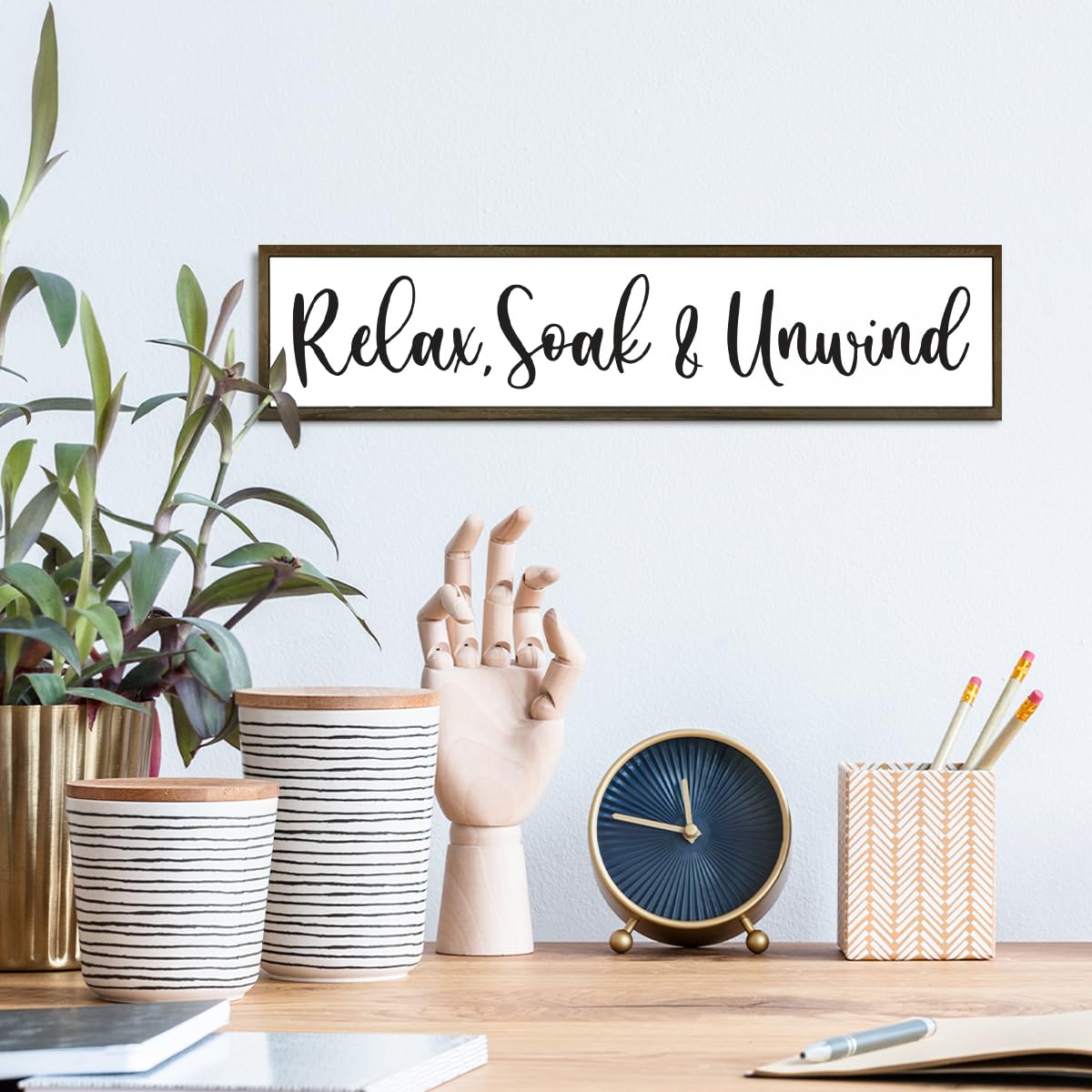 Relax, Soak & Unwind Sign, Farmhouse Bathroom Wall Decors, Spa Decor, BathRoom Sign with Wood Frame, Restroom Decor, Tiered Tray Sign, Wooden Box Sign Desk Décor, Bathroom Wall Decor Wood Framed