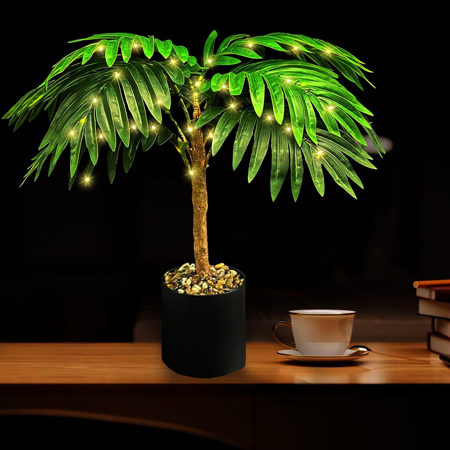 IJG 20'' Lighted Palm Tree Faux Plant with LED Lights - USB & Battery Box Powered - Artificial Palm Tree for Living Room, Home Decor, Indoor Decoration (Palm Leaf)
