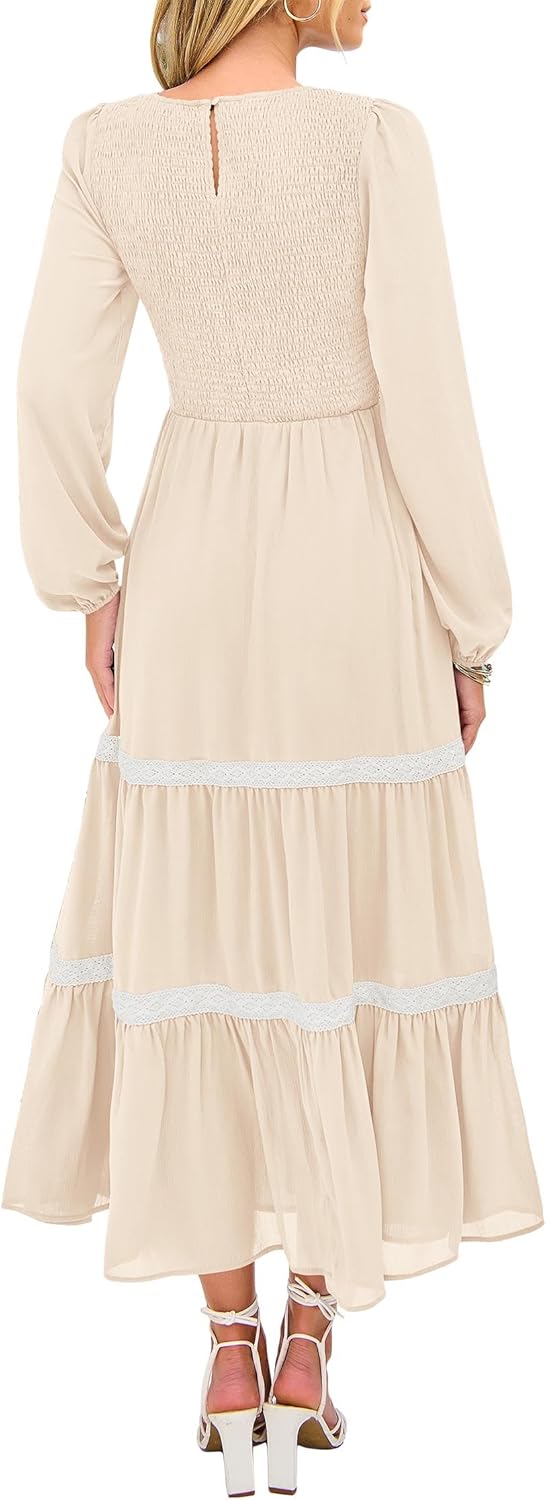 KIRUNDO Womens Smocked Long Sleeve Maxi Dress Wedding Guest Spring Fall Boho Tiered Lace Trim Flowy Long Dresses Pockets