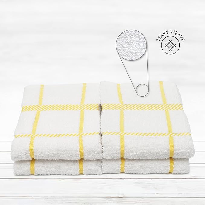 100% Cotton Terry Dish Towels, 4 Pack Checks, 16 x26 Inches, Super Soft and