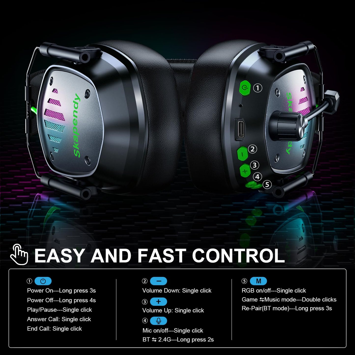 Skapendy VK81 2.4GHz Wireless Gaming Headset for PS5, PS4, PC - Bluetooth Gaming Headphones with Noise Canceling Mic, Low Latency, Stereo Sound, 50+Hr Battery, RGB Headset Game Boy Accessories, Black