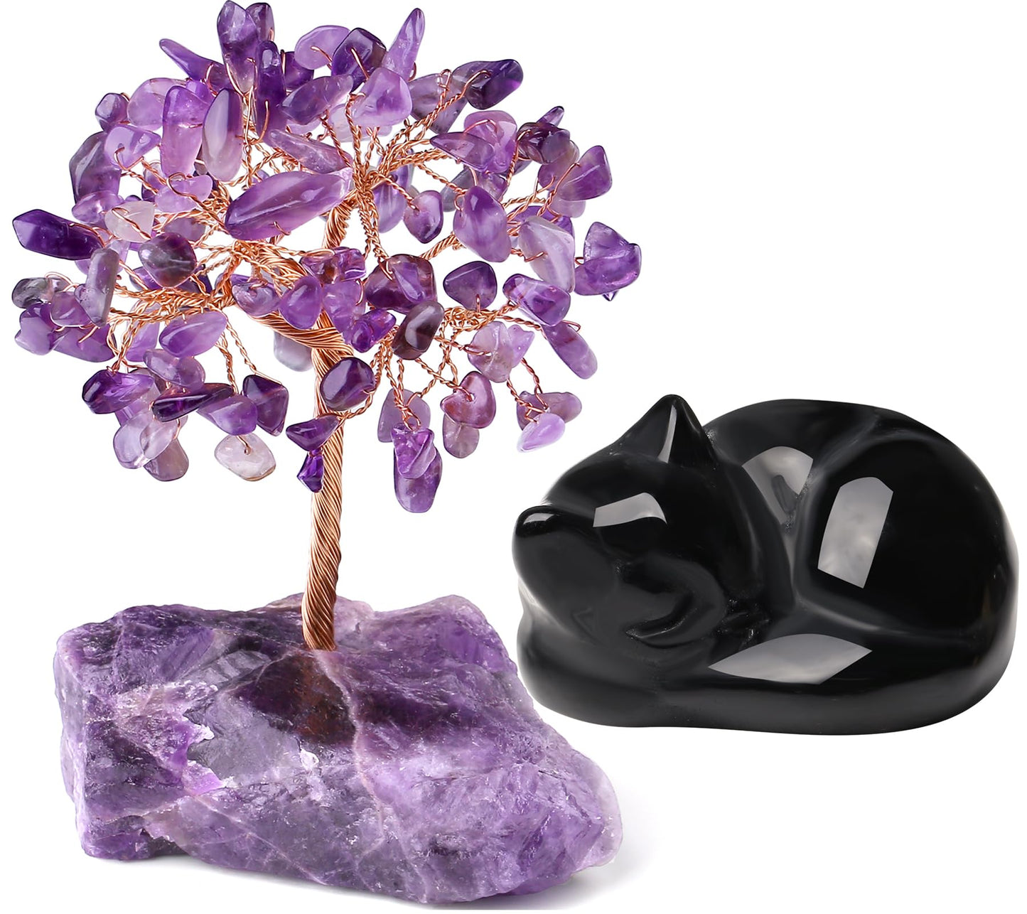 QINJIEJIE Bundle of Amethyst Crystal Tree and Obsidian Cat Statue Natural Reiki Gemstone Tree Life Carved Stone Decors Gift Polished Gemstones Figurine Meditation Gift for Women Men