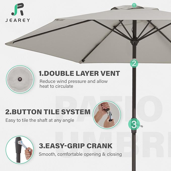 JEAREY 7.5FT Patio Umbrella Market Table Umbrella with 6 Sturdy Ribs, Push Button Tilt/Crank Outdoor Umbrella for Garden, Deck, Backyard, Pool and Beach,Light Grey