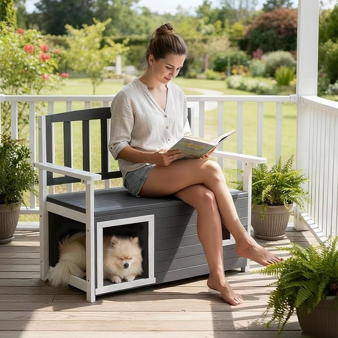 VINGLI Outdoor Storage Bench with Built-in Dog House, 2-in-1 Outdoor Waterproof Patio Bench with Pet Kennel for Patio Backyard Porch (Gray)
