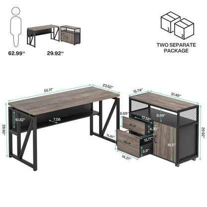Tribesigns Office Desk with Drawers Sets, 55 inches L Shaped Computer Desk with Mobile File Cabinet,Big Executive Desk for Home Office Furniture Sets (Dark Oak, 55-inch)