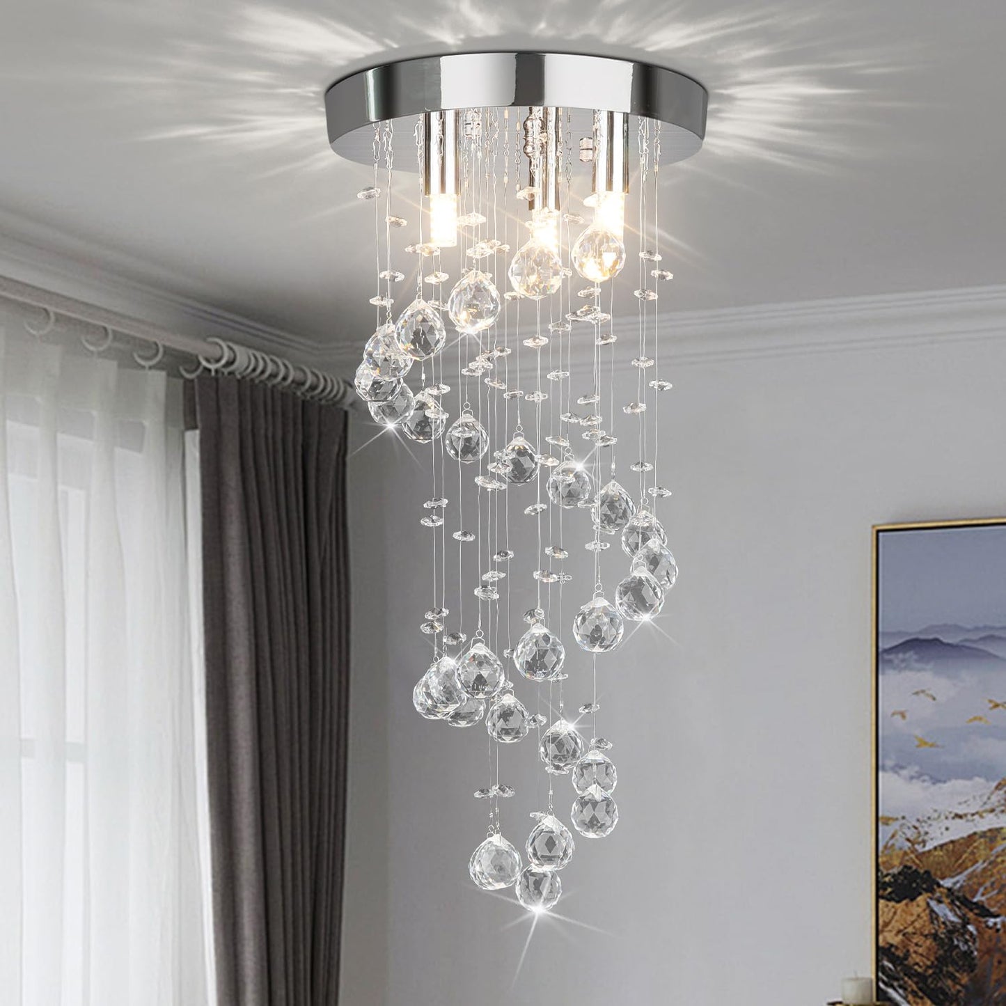 CRYSTOP 3-Lights Spairal Crystal Chandelier,Modern Raindrop Light Fixture Pendant Ceiling Mount Lamp Lighting Fixtures for LivingRoom, Bedroom, Bathroom D9“ X H21.3”