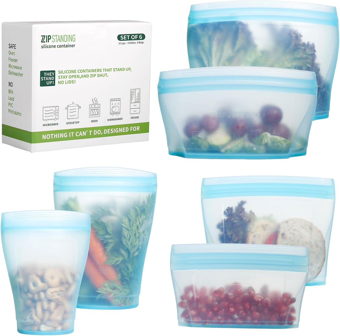 Reusable food container, silicone bag, 6 Pcs Zip Containers Can be used for fruit and vegetable snacks, etc. Microwave Dishwasher and Freezer Usable (blue)…