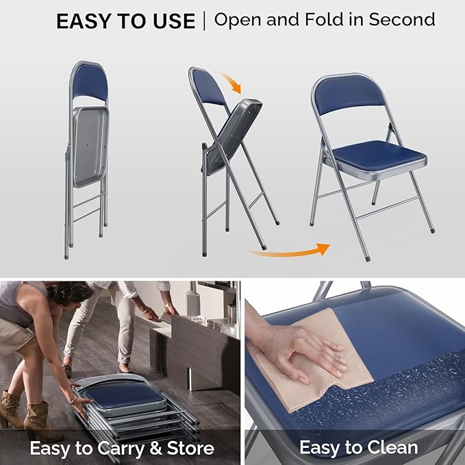 VINGLI 20 Pack Folding Chairs with Padded Seats, Metal Frame with Pu Leather Seat & Back, Capacity 350 lbs, Blue