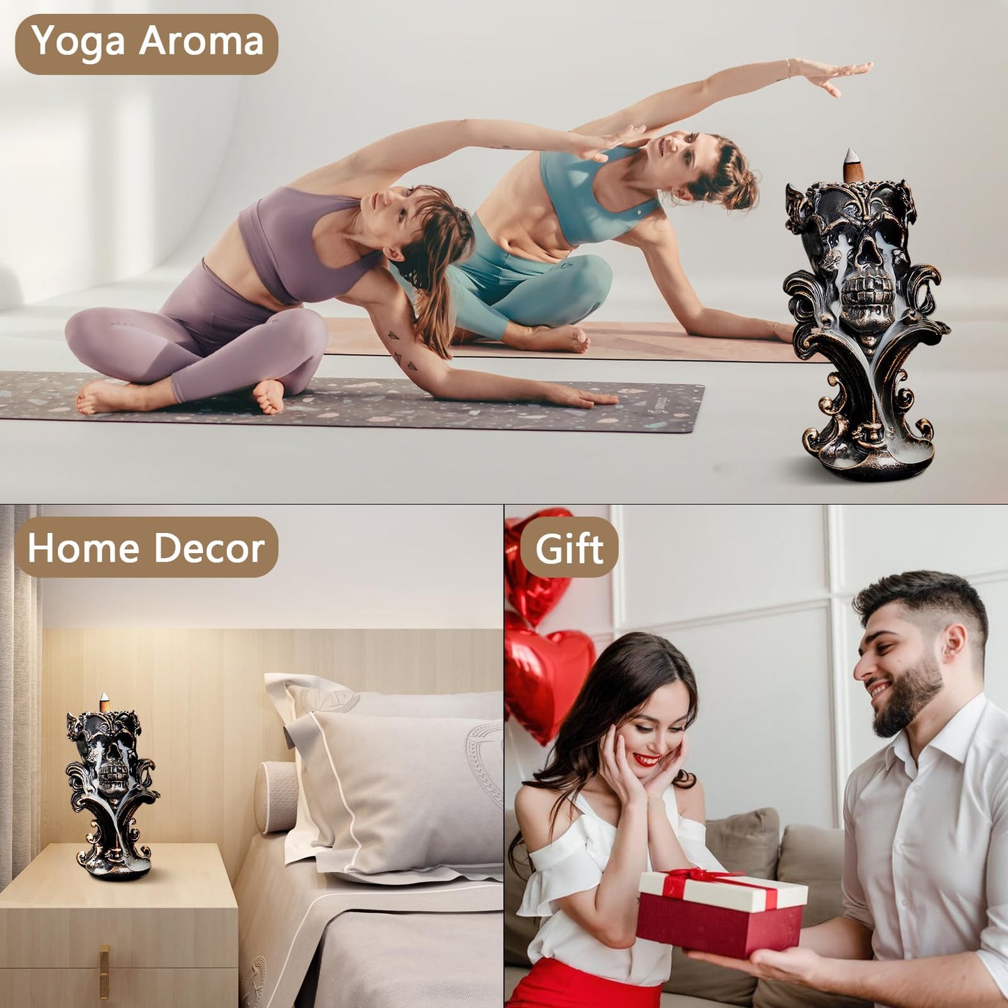 Comeon Backflow Incense Holder Burner Resin Skull Incense Burner Waterfall Incense Burner Home Decor + 20 Backflow Incense Cones + 30 Incense Sticks +1 Tweezer +1 Mat（Metallic Gold）