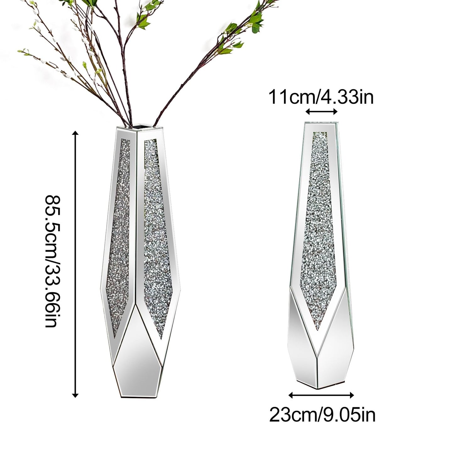Artloge Mirror Floor Vase Crushed Diamond Silver Bling Centerpiece 33.6 inch Tall