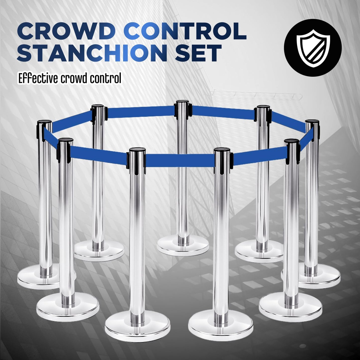 Zonon 6 Pack Crowd Control Stanchion Set with 9.8 FT Retractable Belt and 1 Sign Holder Crowd Control Barrier - Easy Connect Assembly(Silver and Blue)