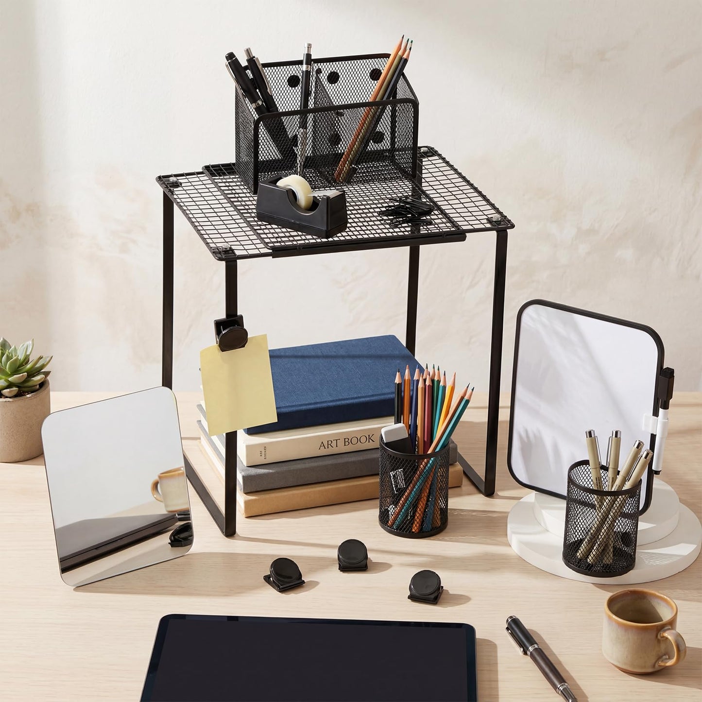 Colarr Adjustable Locker Shelf Organizer Set with Magnetic Accessories, Locker Shelf Adjustable 10.6–15 Inch with Magnetic Pen Holders Whiteboard Mirror Shelves for Classroom School Lockers (Black)