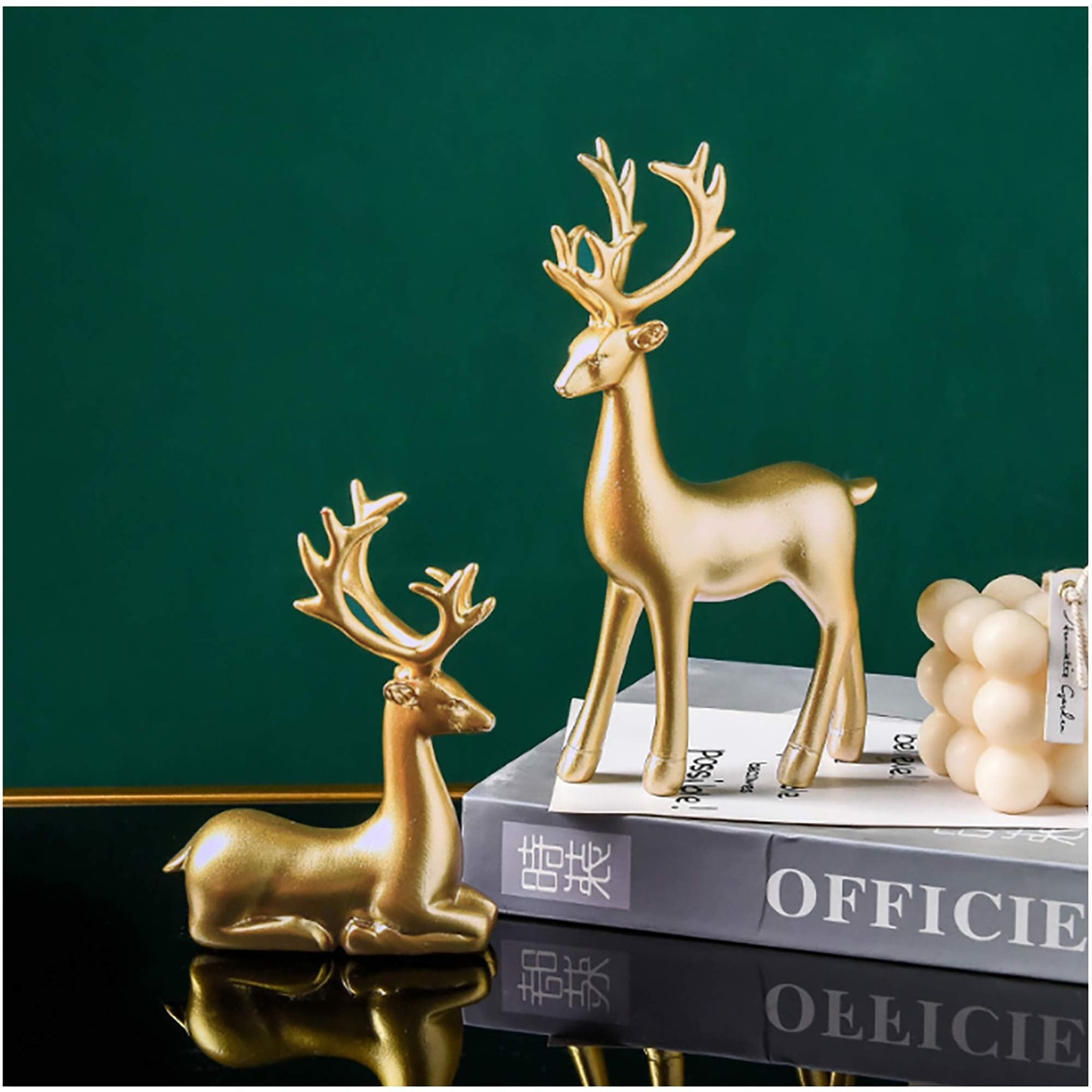 FANTESTICRYAN Small Reindeer Sculpture Resin Christmas Reindeer Elk 2pcs Christmas Home Decor Statues for Living Room, Bedroom, Office Desktop, Cabinets (Golden Small)