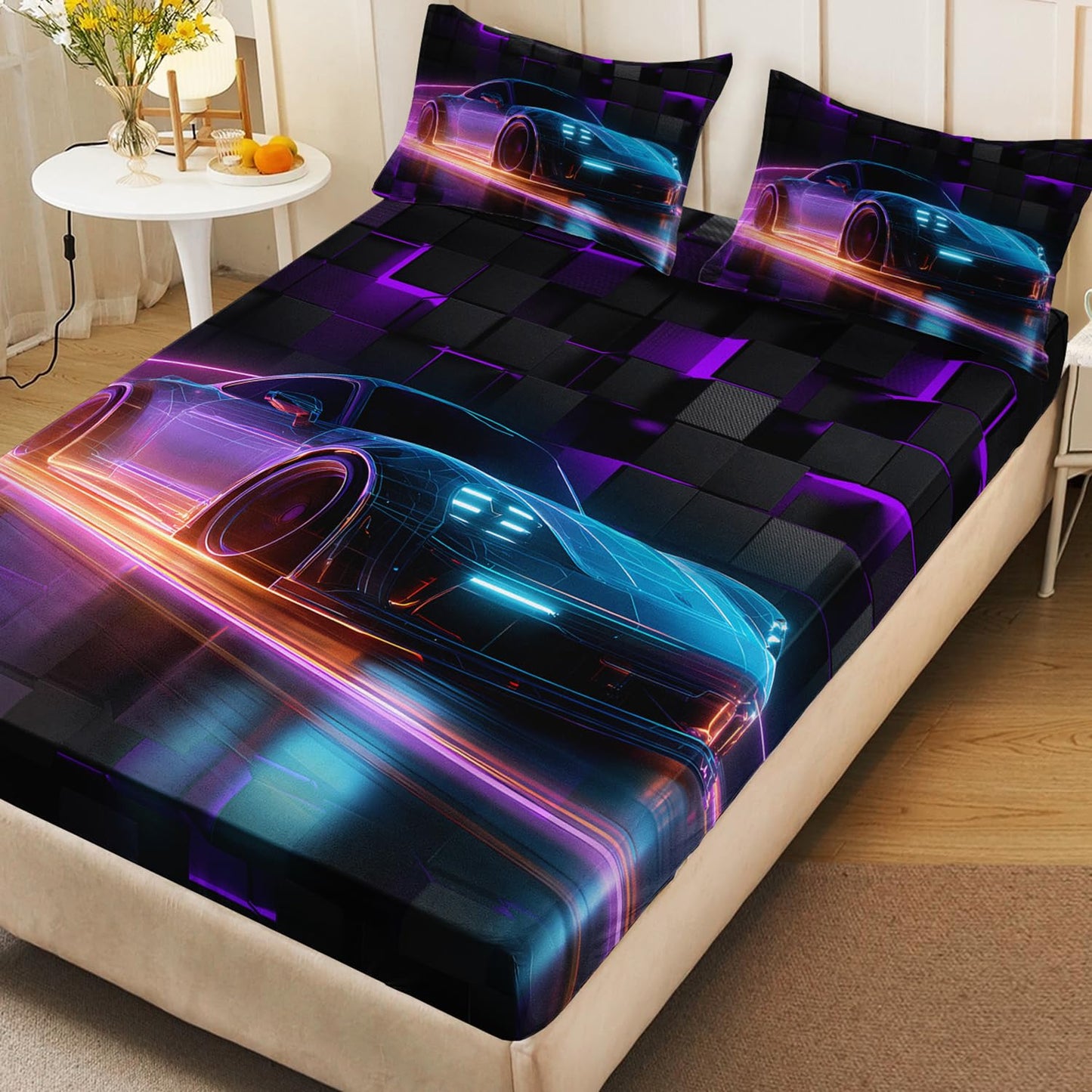 HOSIMA Boys Race Car Bedding Sets Full,Lightweight Fitted Sheet,Geometric Background Pattern Cool Extreme Sports Bedding for Kids Men Car Room Decor,1 Fitted Sheet+2 Pillowcases.