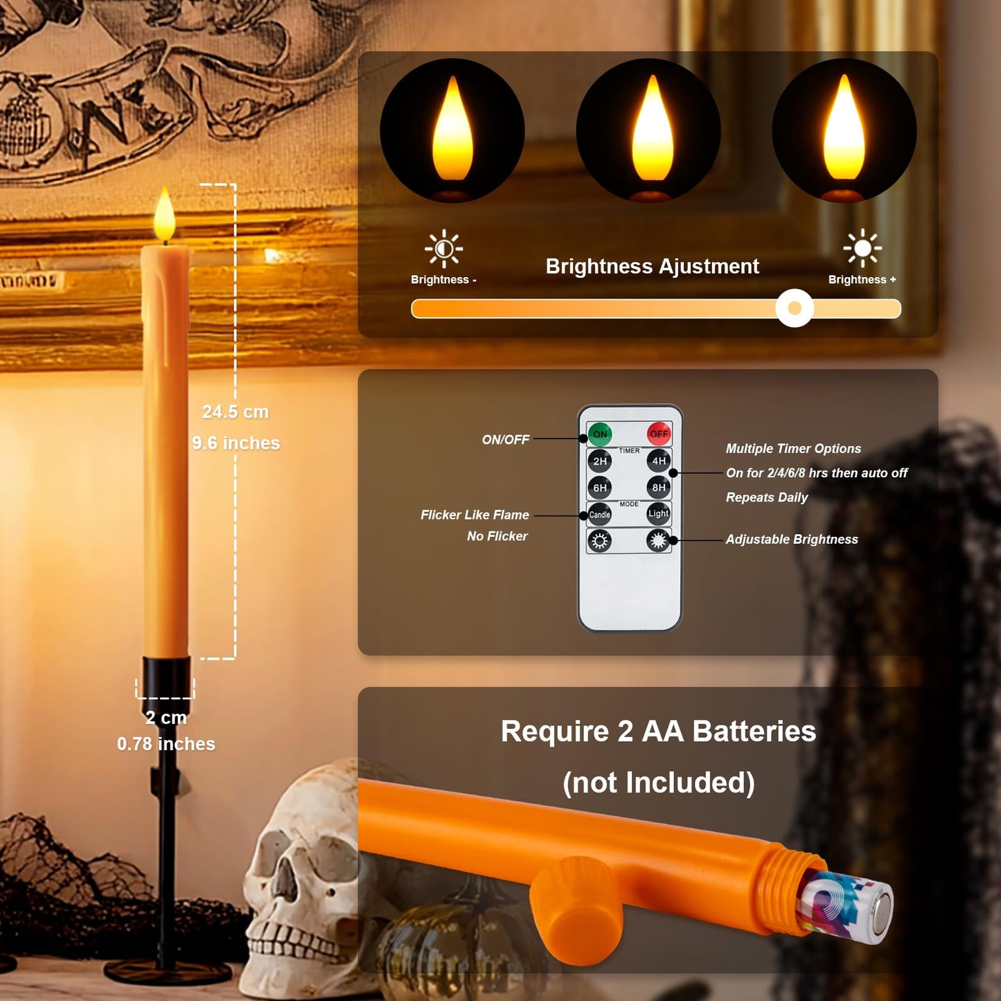 Homemory 6 Pcs Orange Flameless Taper Candles with Remote, Timer, Dimmer, Battery Operated CandleSticks with Flickering Light, Plastic Led Window Candles, for Halloween Decoration 9.6 Inches