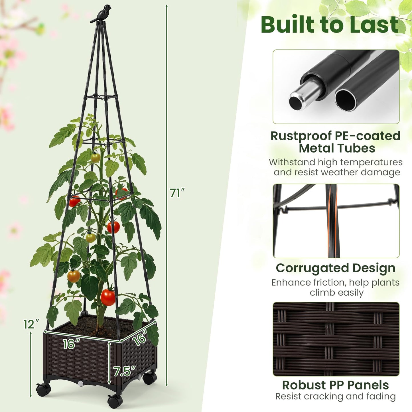 Giantex Raised Garden Bed with Wheels & Tomato Cage, Self Watering Planter Box with Obelisk Trellis, Adjustable Height, Indoor Outdoor Planter for Climbing Plant Flower Vegetable Fruit (1)
