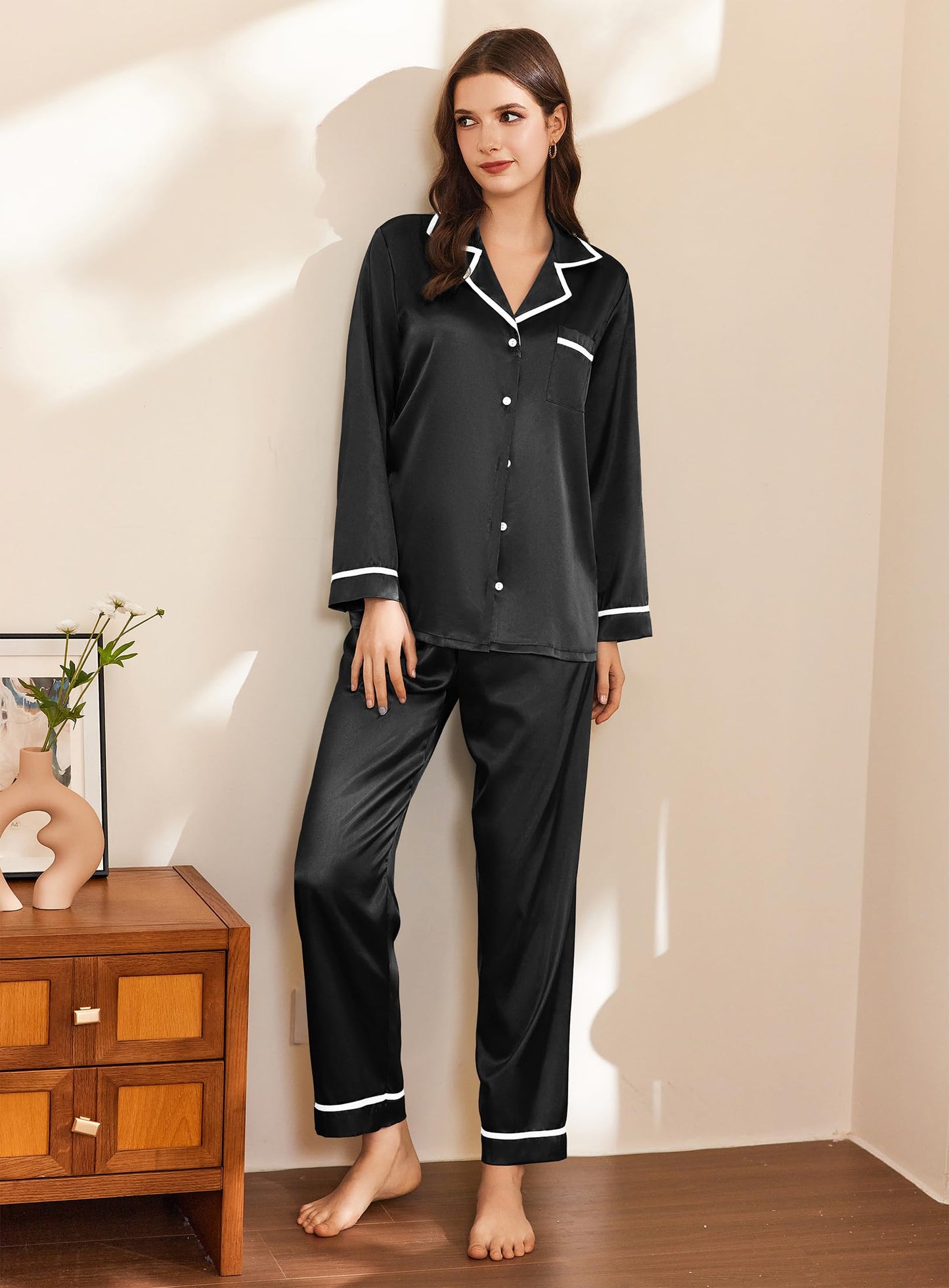 Ekouaer Satin Pajamas Set for Women Long Sleeve Pants Pj 2 Piece Lounge Set