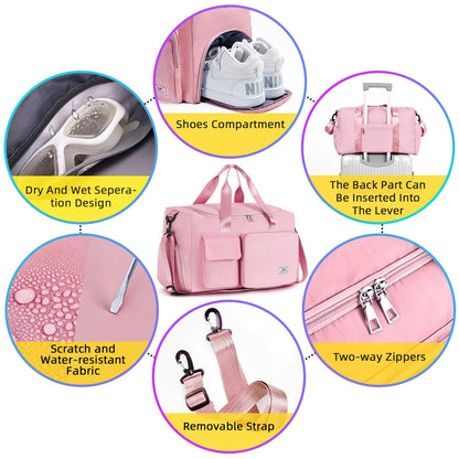 FIORETTO Women's Gym Duffle Bag with Shoes Compartment, 30L Capacity, Ideal for Travel, Gym, Sports, Duffel, Weekender, with Toiletry Bag, Pink
