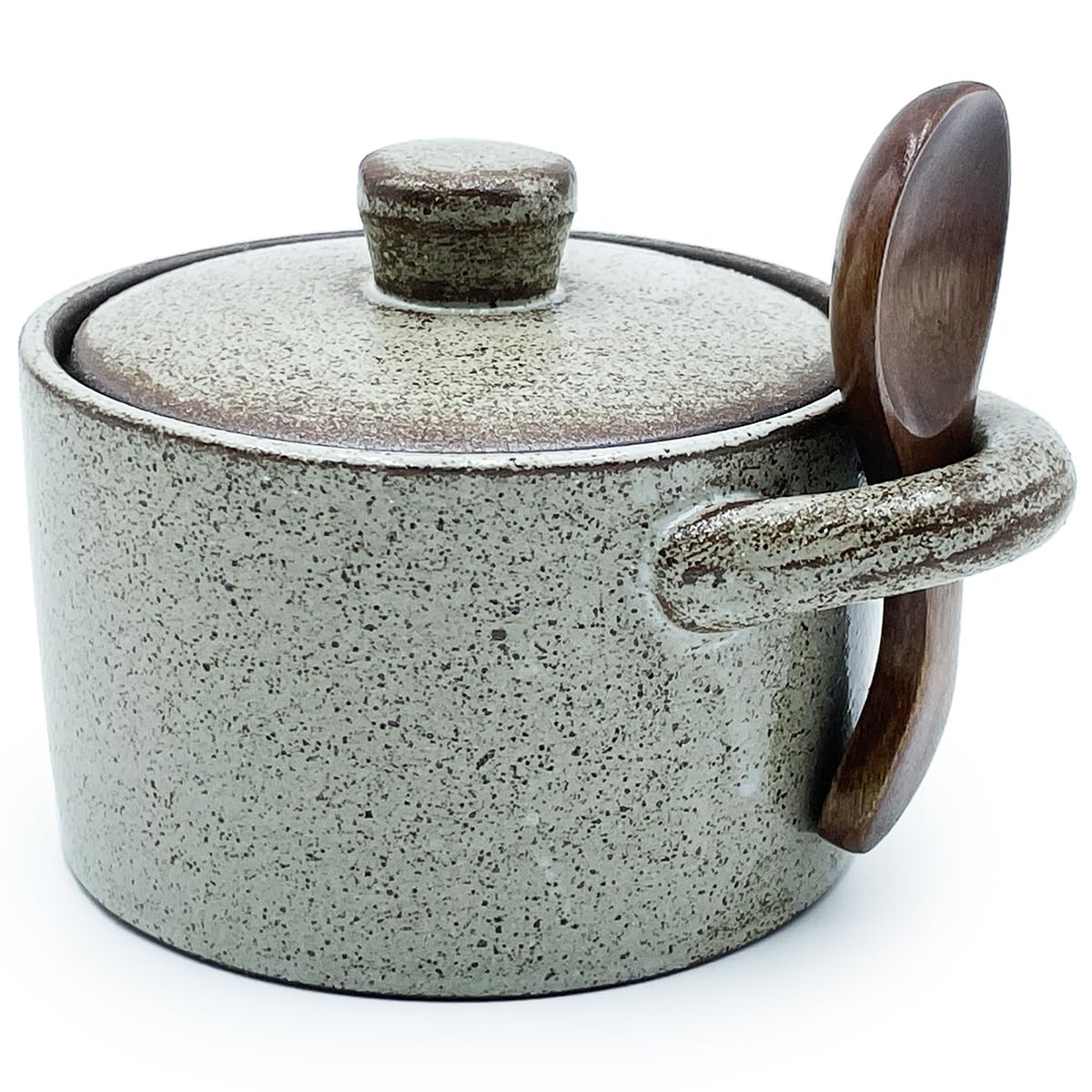 EWEIGEER Ceramic Salt Cellar With Lid & Spoon,8oz Salt Container For Countertop,Sugar Bowl,Spice Jar(Coarse Pottery Color)