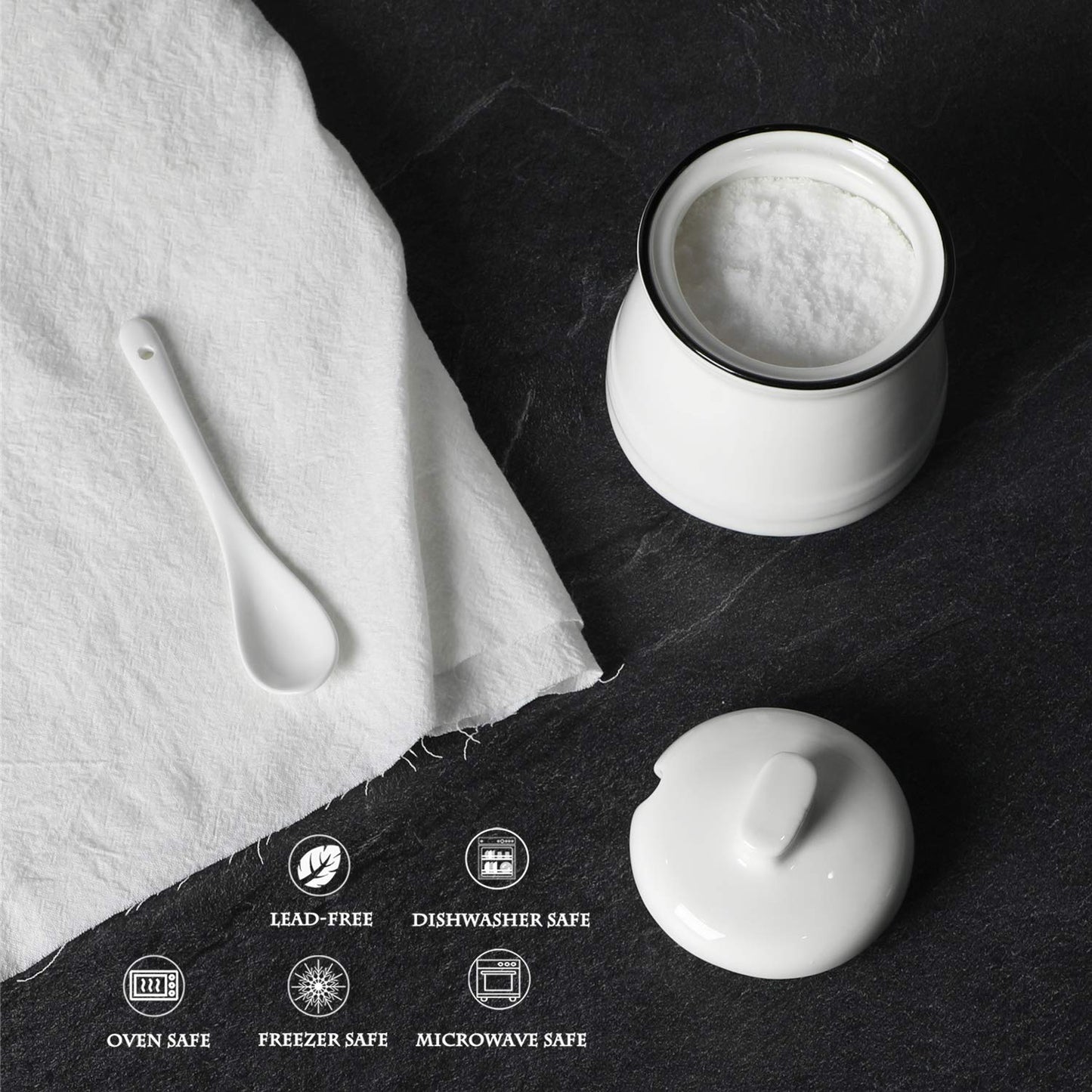 HAOTOP Porcelain Salt Bowl with Lid and Spoon,Ceramic Sugar Bowl 12oz (White)