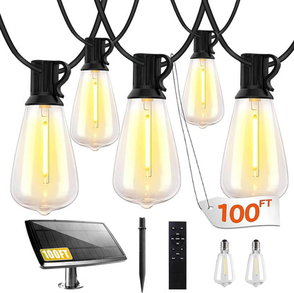 Bdrofn 100FT Solar String Lights Outdoor Waterproof, Solar Patio Lights with Remote Control & 30+2 Dimmable ST38 Edison Bulbs Shatterproof,Solar Powered String Lights for Outside Garden Backyard