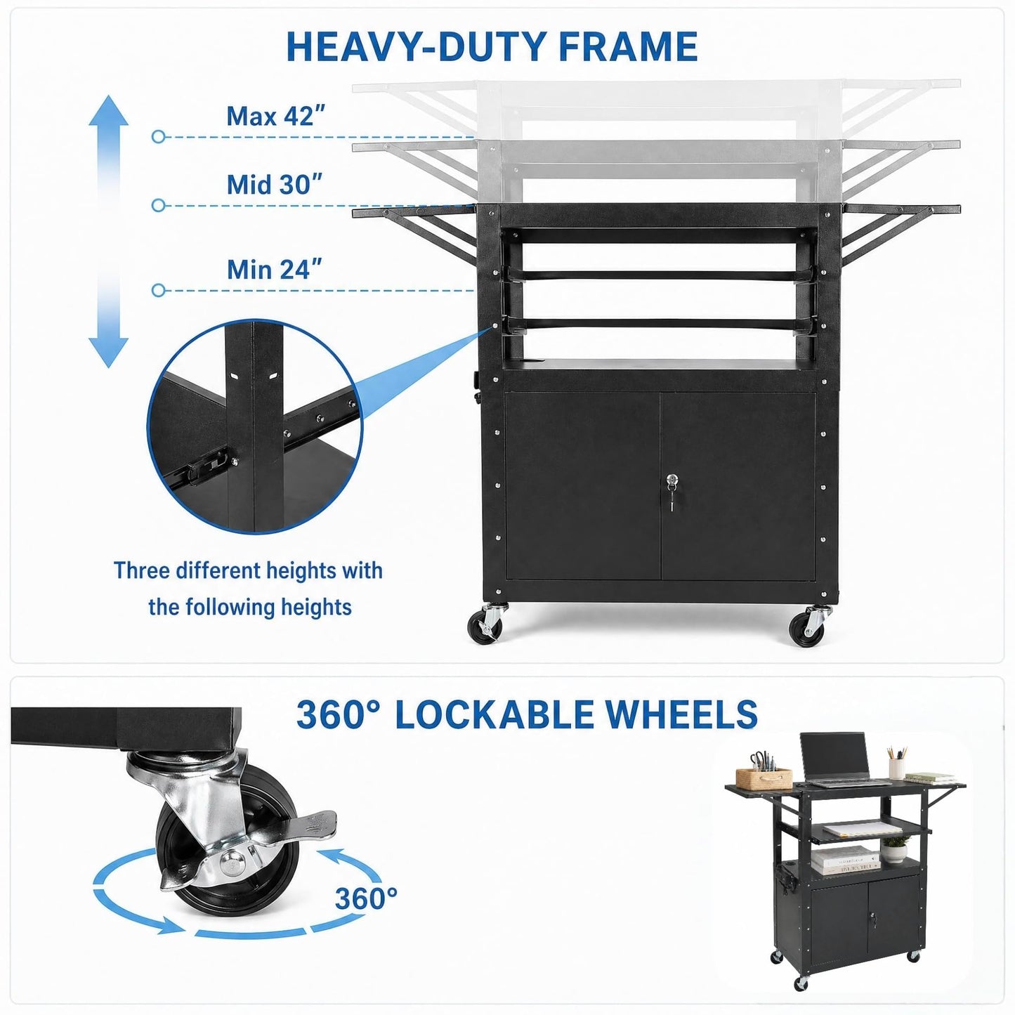 Adjustable Height AV Media Cart, 24-42 Inch Mobile Stand with Locking Storage, Extended Tray Organizer, Cable Management Wheels, for Home Office School