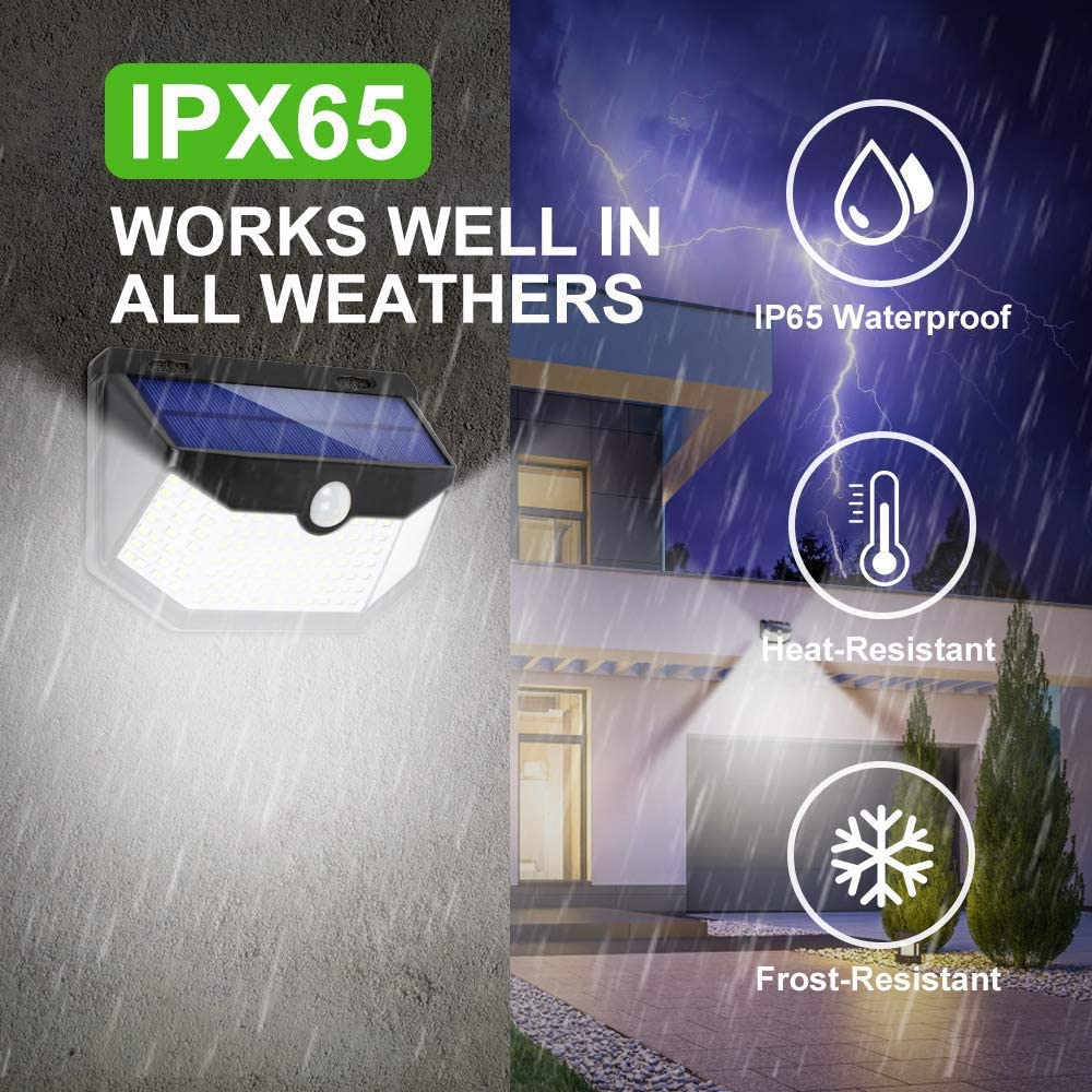 HMCITY Solar Lights Outdoor 120 LED with Lights Reflector and 3 Lighting Modes, Motion Sensor Wall Lights,IP65 Waterproof Solar Powered for Garden Patio Yard (Back Button 2Packs, Daylight White)