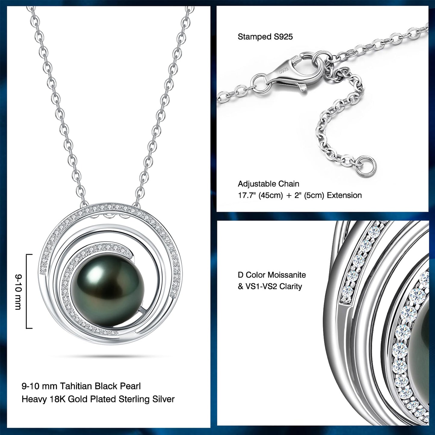 Natural Tahitian Black Pearl Necklace - Christmas Gift for Women Wife Mom Daughter, Jewelry Gifts for Wedding Anniversary Birthday, 9-10mm Seawater Pearl with Sterling Silver Moissanite Circle Pendant