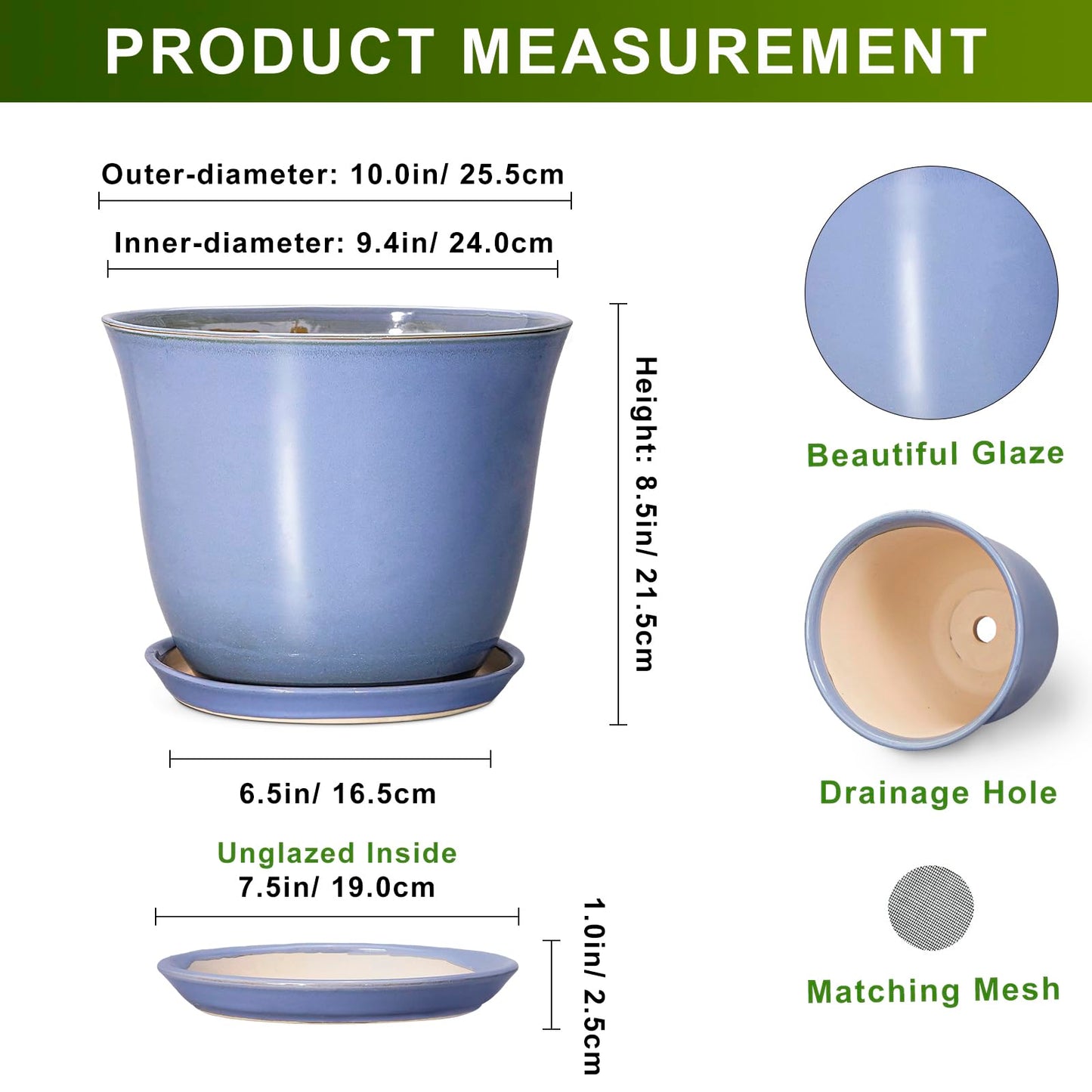 SUNPOTFOR Ceramic Plant Pots - 10 Inch Plant Pot for Indoor Outdoor, Round Planter with Drainage Hole and Saucer, Decorative Large Planters, Modern Flower Pots, House Decor, Garden Gift, Purple-Blue