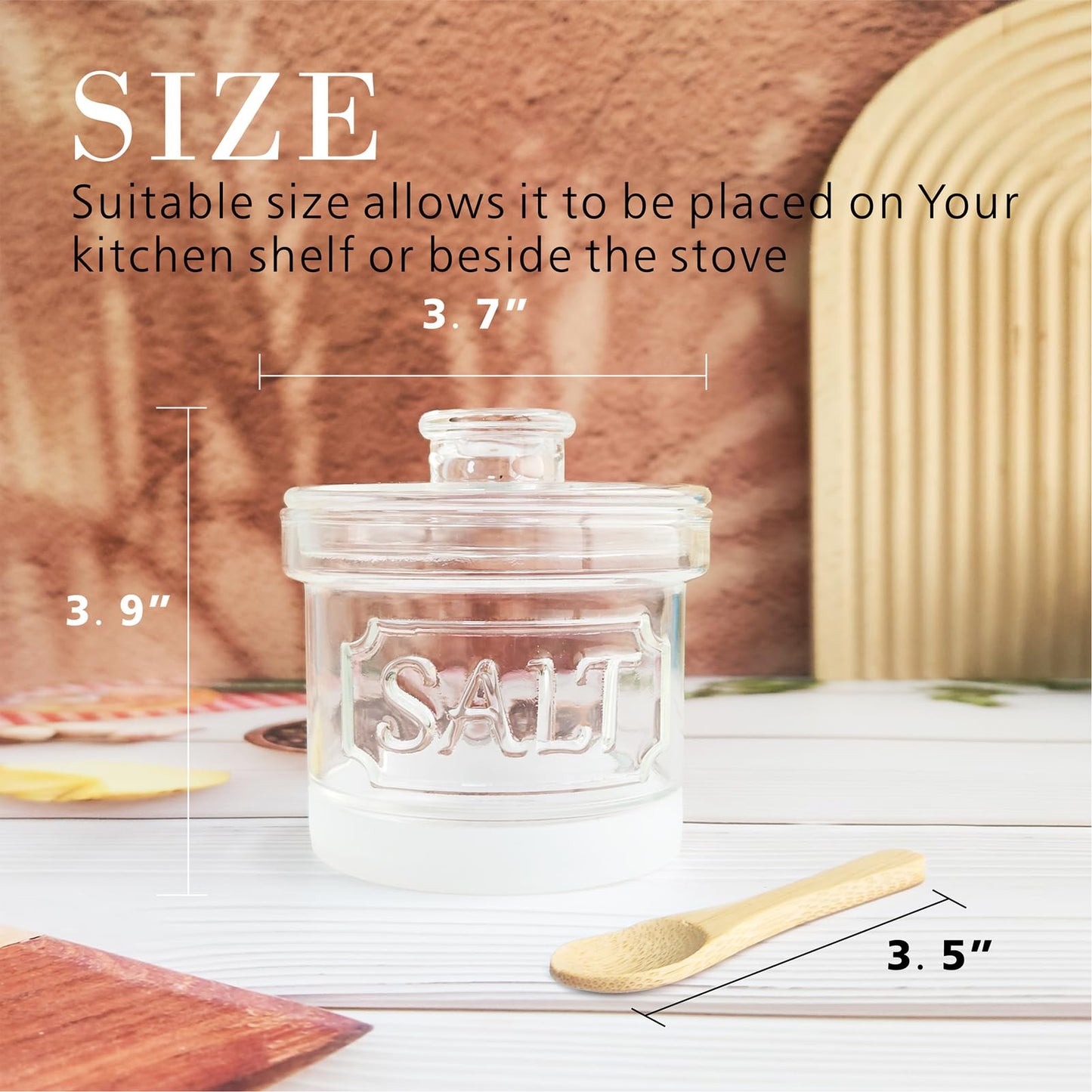 FANQIEW Glass Salt Cellar with Lid Salt Container with Spoon for Countertop Embossed Pattern Salt Box for Storing Sea Salt Flaky Salt Spice 12oz Capacity Holder, Dishwasher Safe